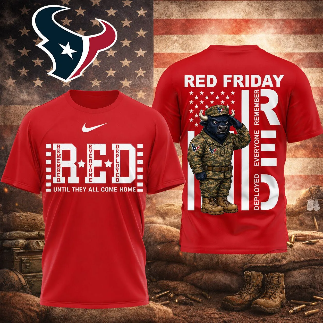 Houston Texans Red Friday Remember Everyone Deployed Military Tribute T-Shirt