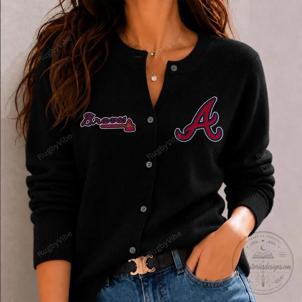 Atlanta Braves Baseball Team Logo Embroidered Cardigan Sweater