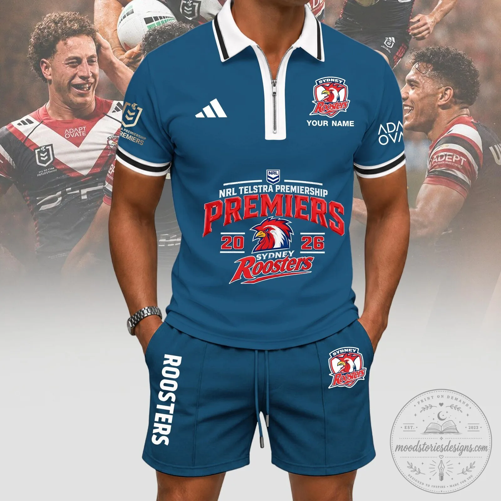 Sydney Roosters NRL Telstra Premiership Premiers 2026 Zip Polo Shirt and Shorts Set