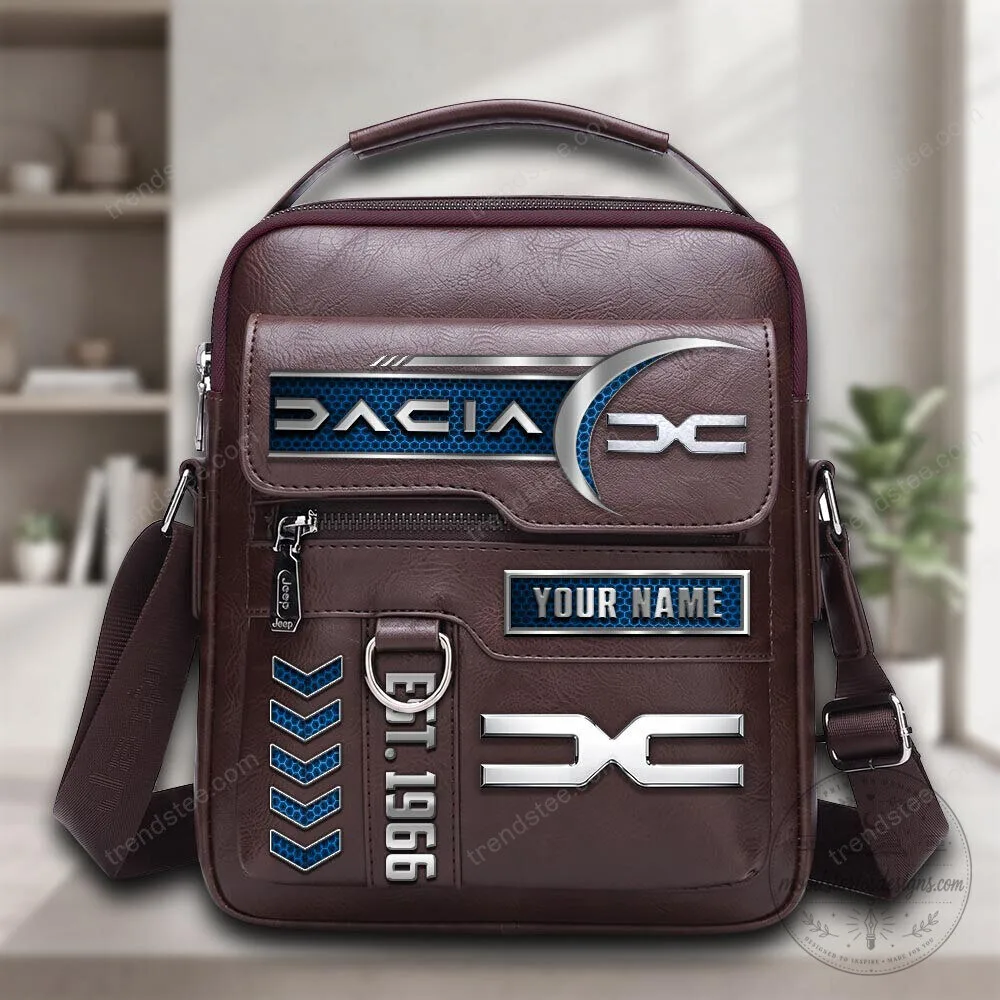 Dacia Logo Est 1966 Custom Name Brown Leather Crossbody Bag
