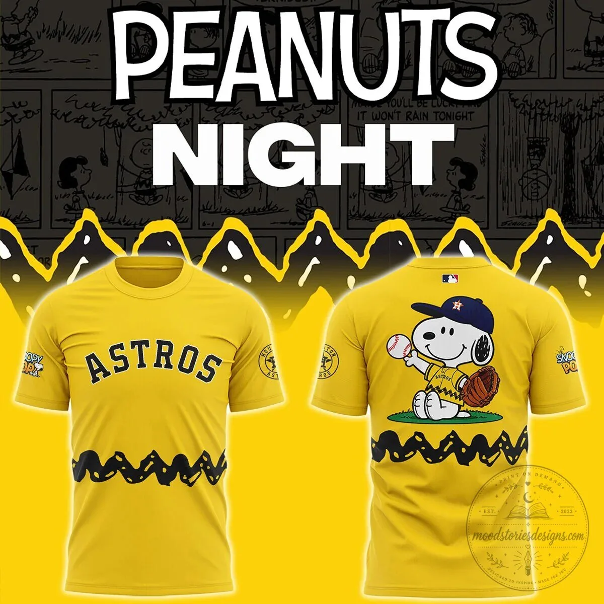 Houston Astros Peanuts Snoopy Baseball Yellow T-Shirt 1 Houston Astros Peanuts Snoopy Baseball Yellow T-Shirt