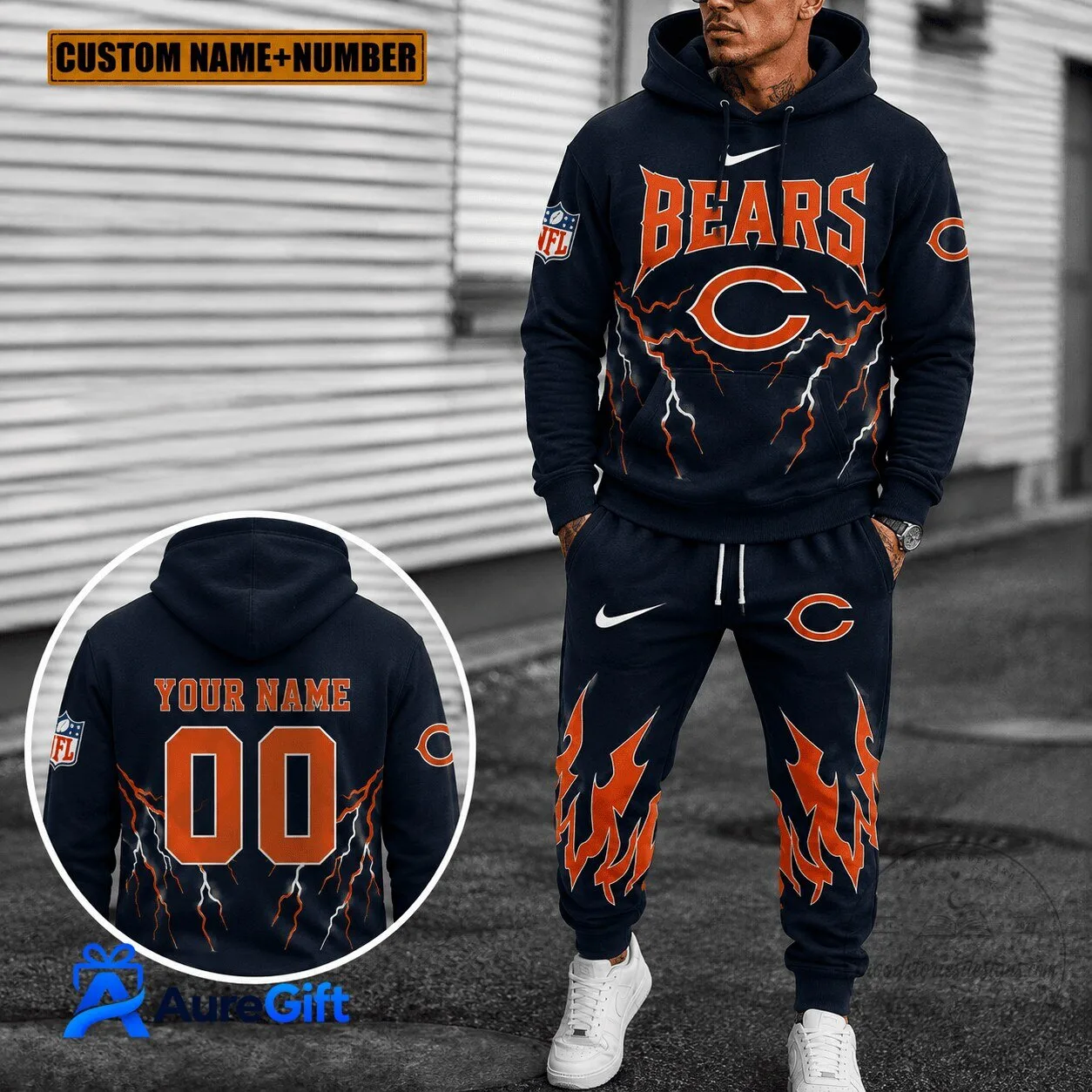 Chicago Bears NFL Football Team Lightning Custom Name and Number Hoodie and Pants Set