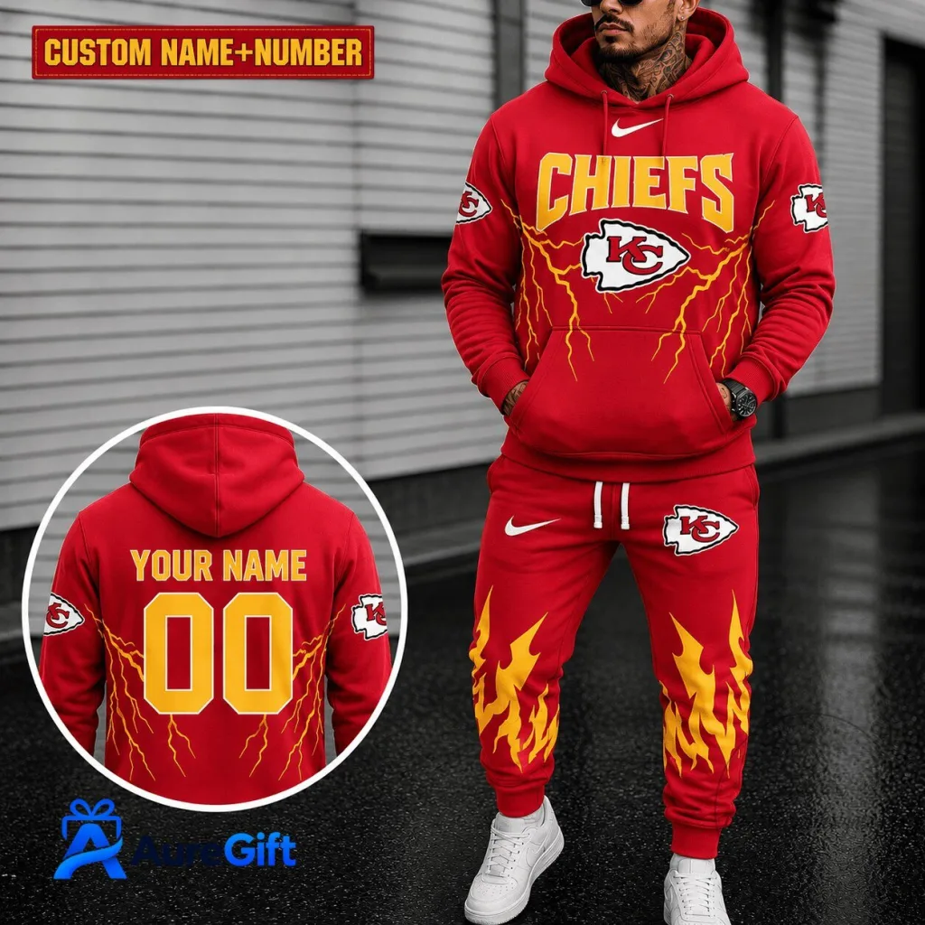 Kansas City Chiefs Personalized Red Lightning Flames Hoodie and Sweatpants Set Kansas City Chiefs Personalized Red Lightning Flames Hoodie and Sweatpants Set