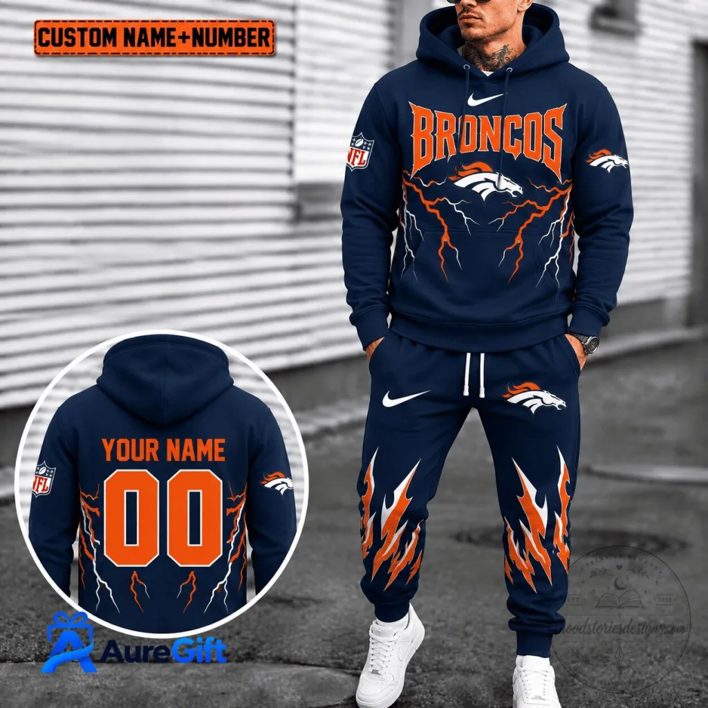 Denver Broncos Custom Name And Number Lightning Design Hoodie And Pants Set Denver Broncos Custom Name And Number Lightning Design Hoodie And Pants Set