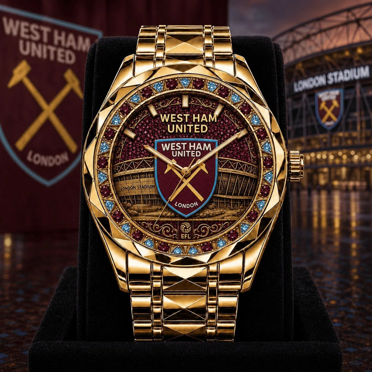 West Ham United Football Club Gold Tone Diamond Cut Bezel Wrist Watch