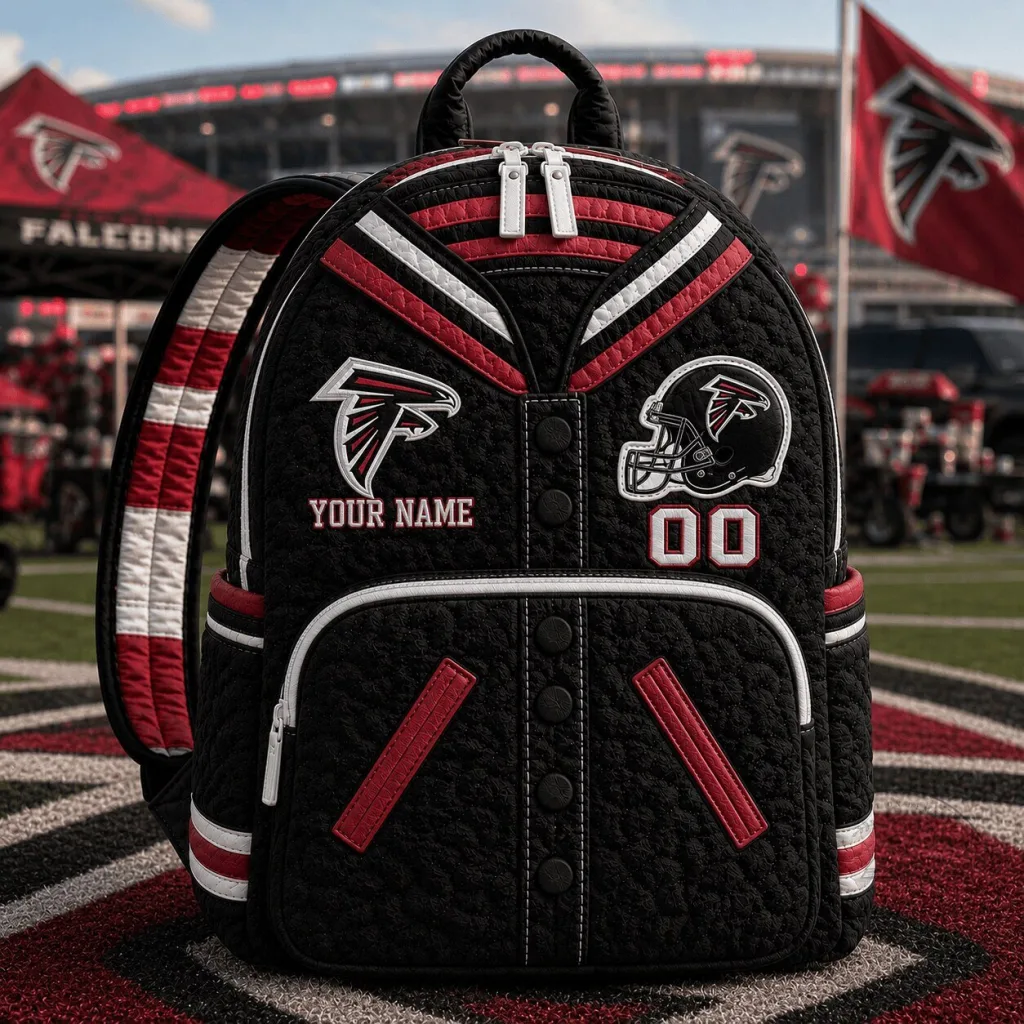 Atlanta Falcons Varsity Jacket Style Quilted Backpack with Personalized Name Atlanta Falcons Varsity Jacket Style Quilted Backpack with Personalized Name
