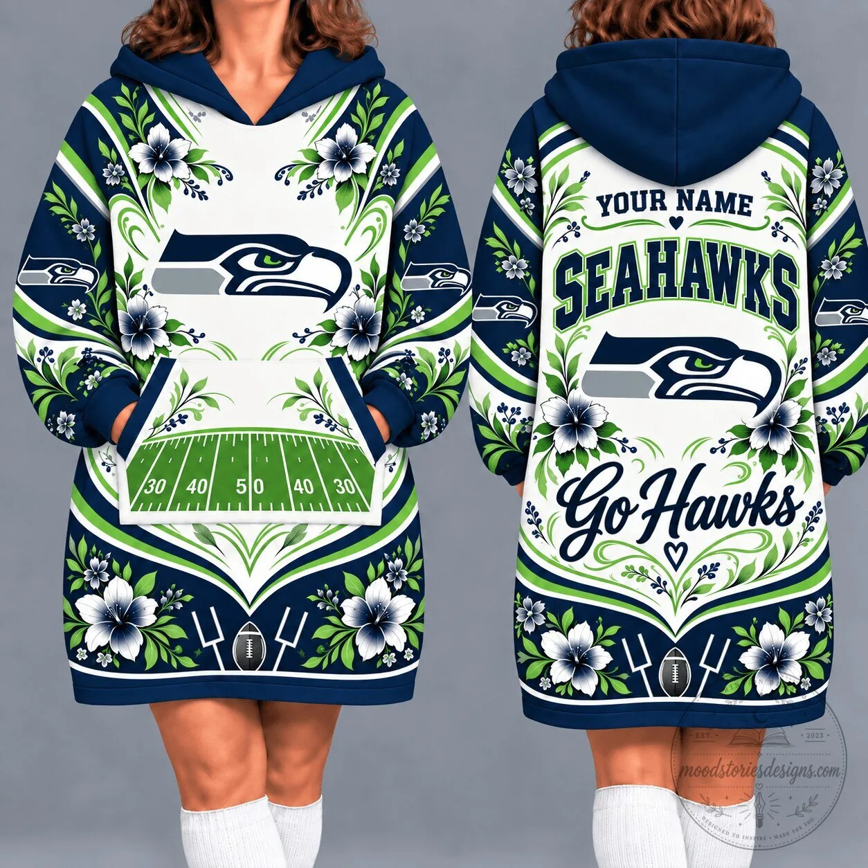 Seattle Seahawks Floral Football Field Oversized Wearable Blanket Hoodie