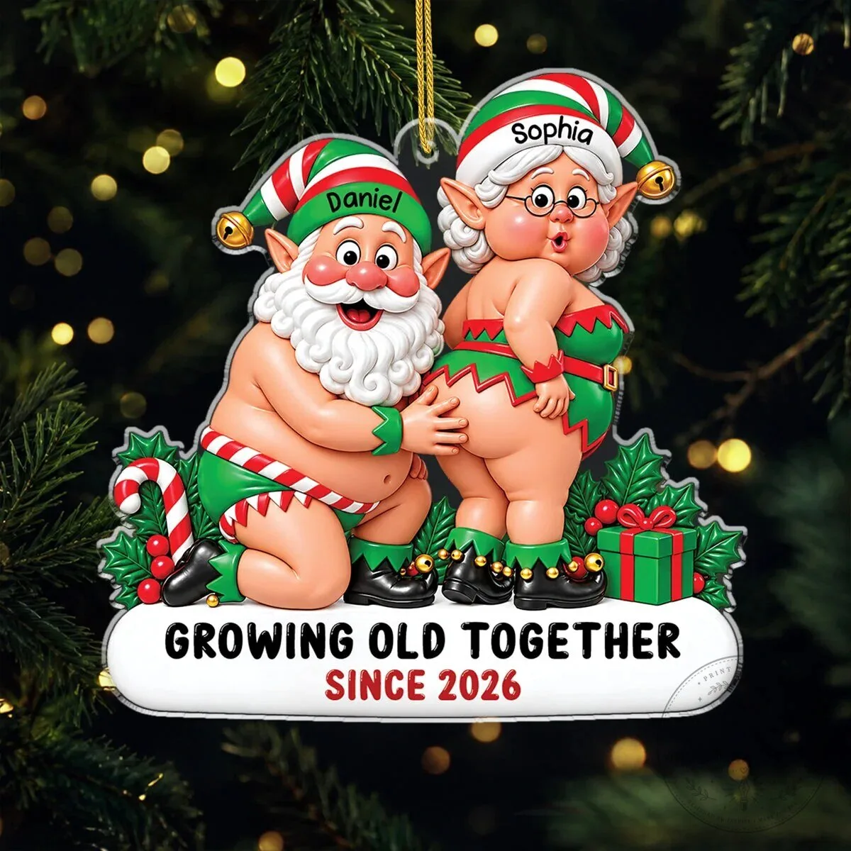 Personalized Christmas Elf Couple Growing Old Together Since Ornament