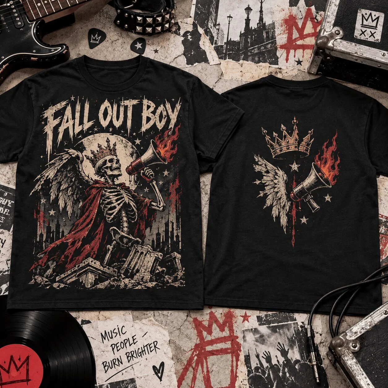 Fall Out Boy Fallen Skeleton King Wings Megaphone Design Black T-Shirt
