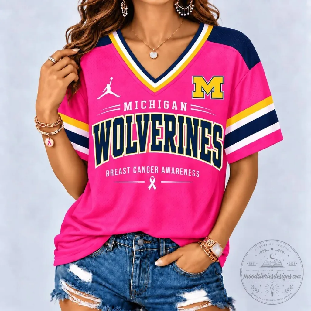 Michigan Wolverines Breast Cancer Awareness Pink V-Neck Football Jersey Michigan Wolverines Breast Cancer Awareness Pink V-Neck Football Jersey
