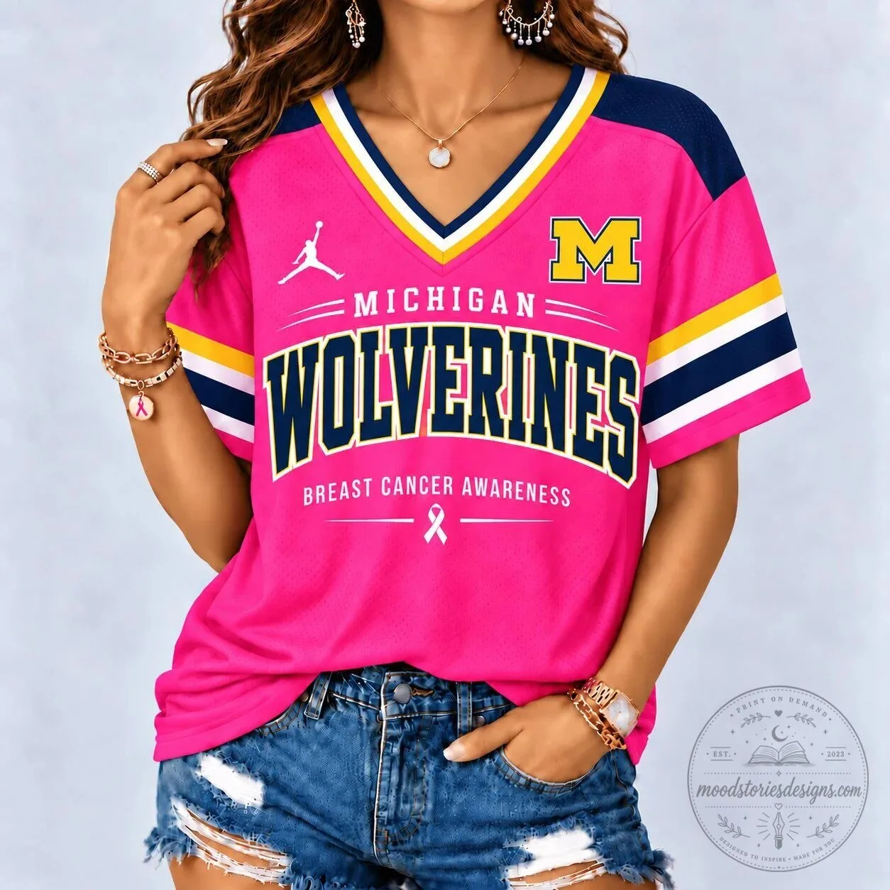 Michigan Wolverines Breast Cancer Awareness Pink V-Neck Football Jersey