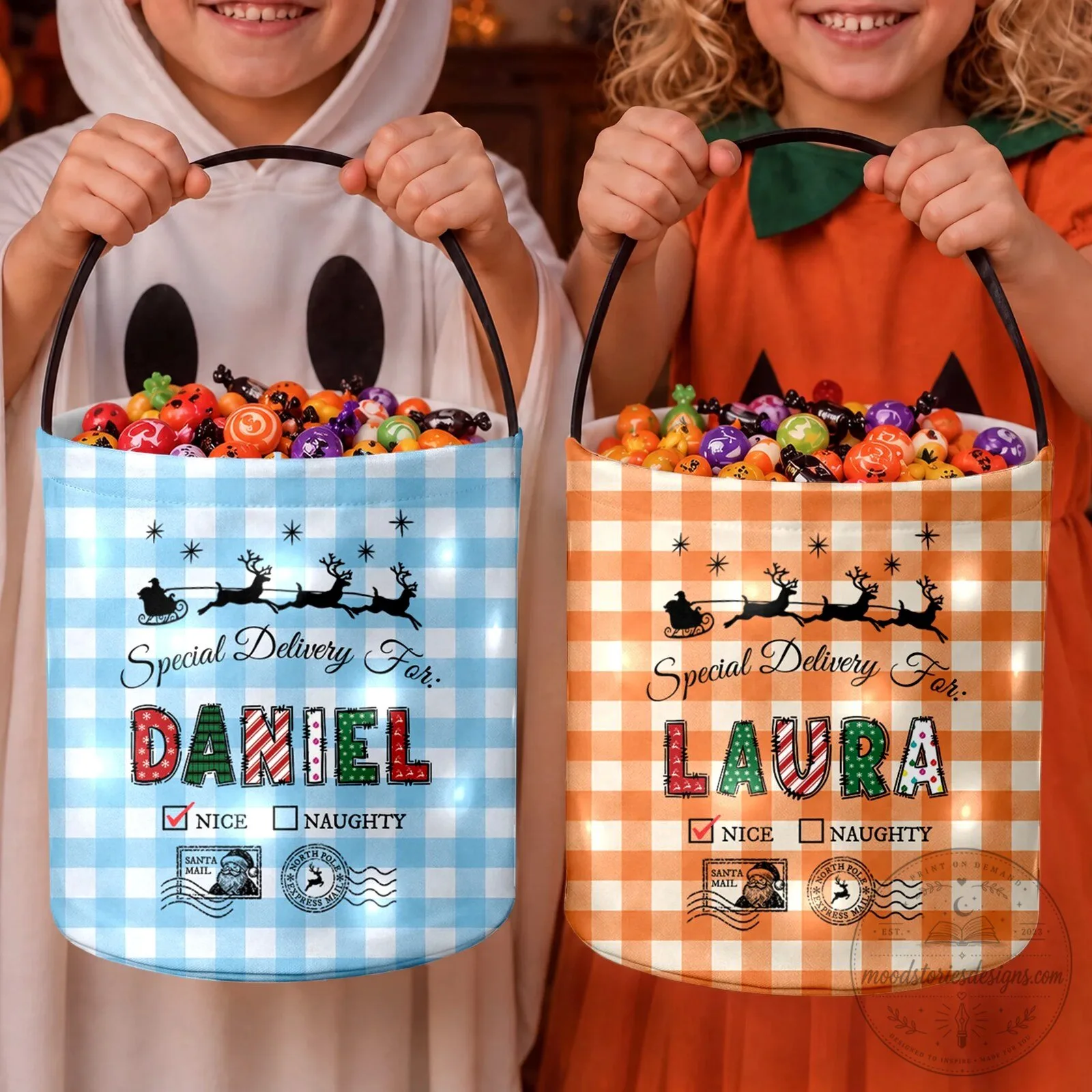 Personalized Santa Mail Special Delivery LED Light Up Halloween Trick or Treat Basket