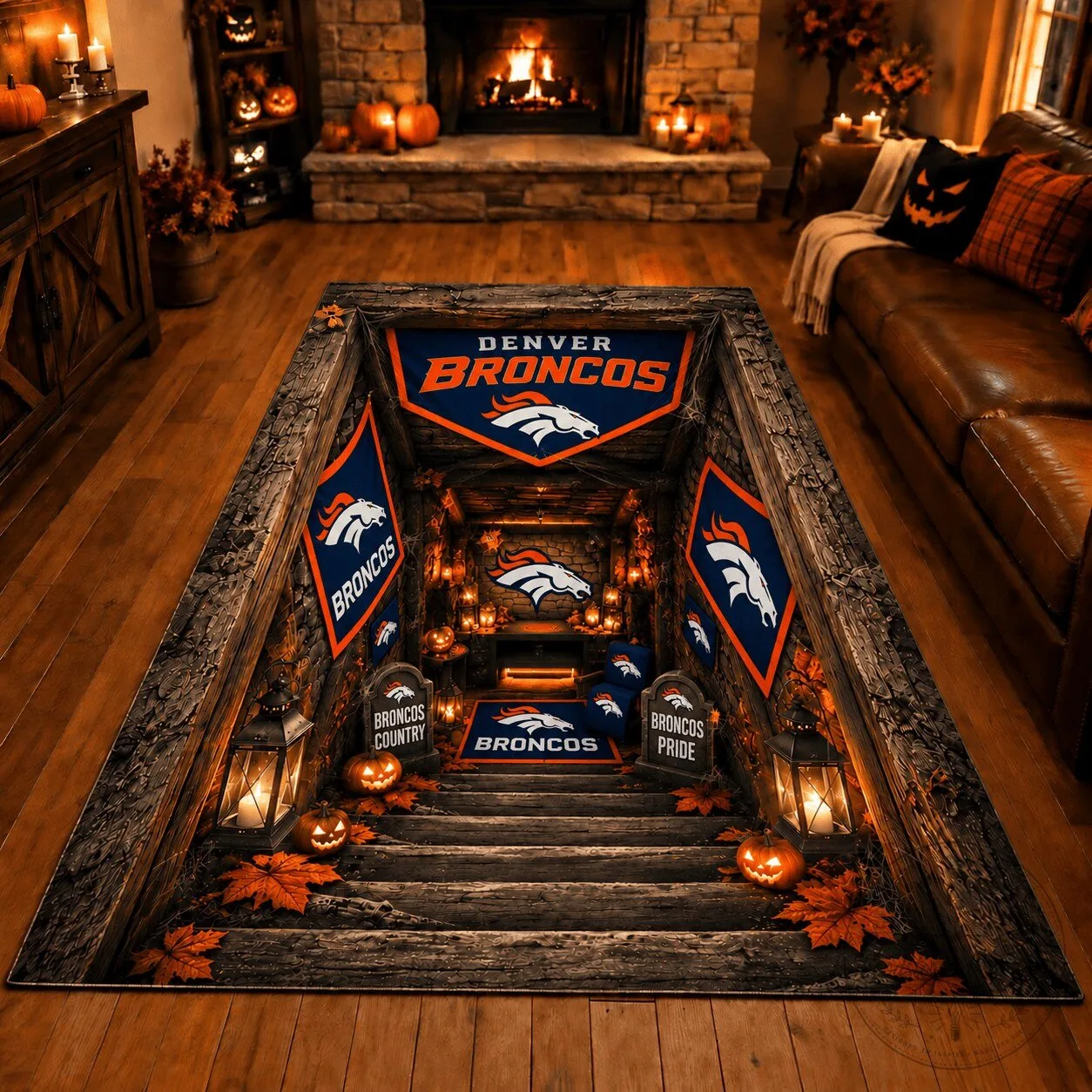 Denver Broncos Halloween Fan Cave Area Rug