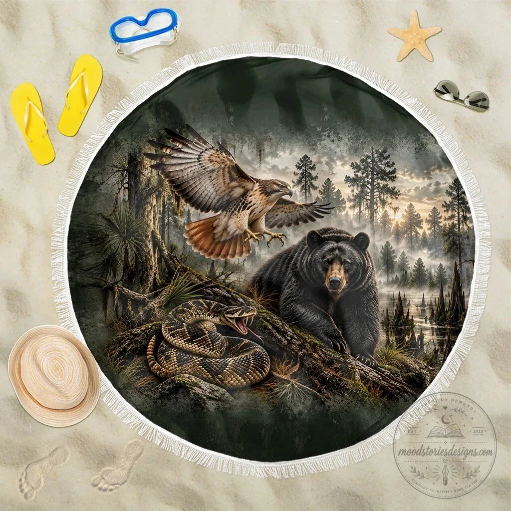Native American Wildlife Bear Hawk Snake Forest Landscape Round Beach Blanket