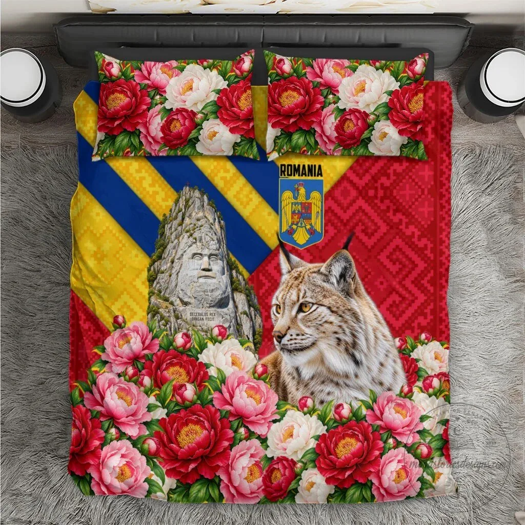 Romania Lynx and Decebalus Rex Traditional Folk Pattern Peony Floral Bedding Set