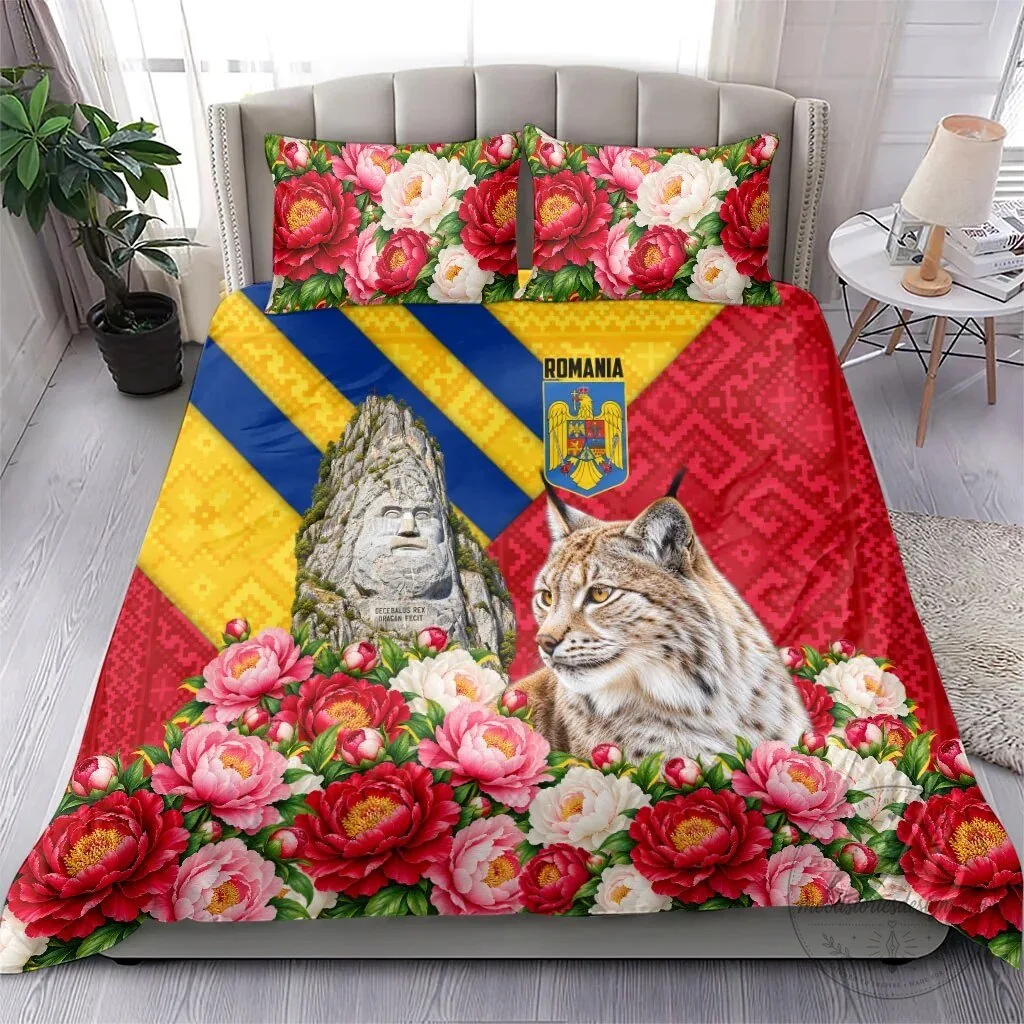Romania Lynx and Decebalus Rex Traditional Folk Pattern Peony Floral Bedding Set 10 Romania Lynx and Decebalus Rex Traditional Folk Pattern Peony Floral Bedding Set