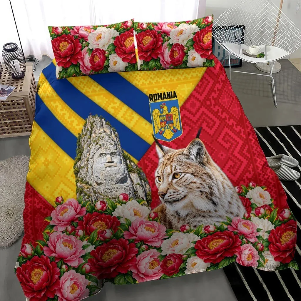 Romania Lynx and Decebalus Rex Traditional Folk Pattern Peony Floral Bedding Set 11 Romania Lynx and Decebalus Rex Traditional Folk Pattern Peony Floral Bedding Set