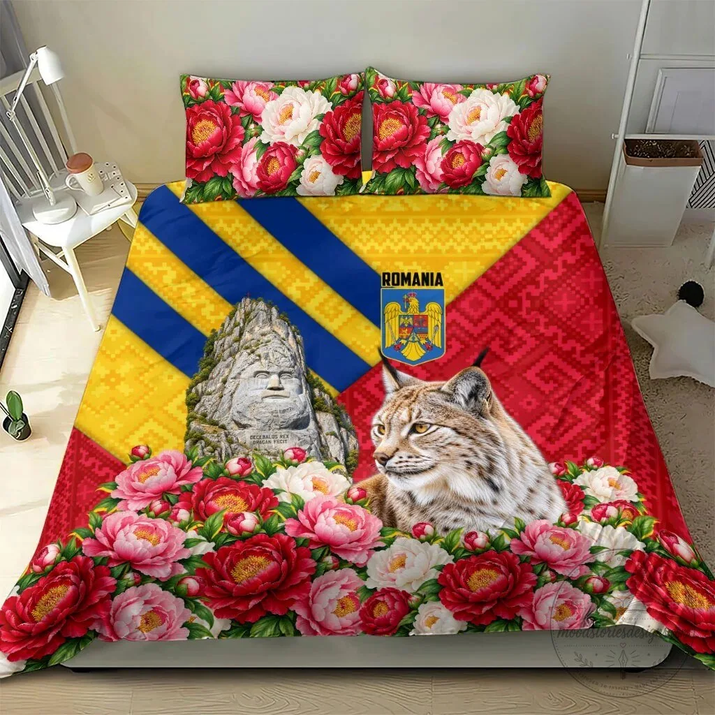 Romania Lynx and Decebalus Rex Traditional Folk Pattern Peony Floral Bedding Set 12 Romania Lynx and Decebalus Rex Traditional Folk Pattern Peony Floral Bedding Set