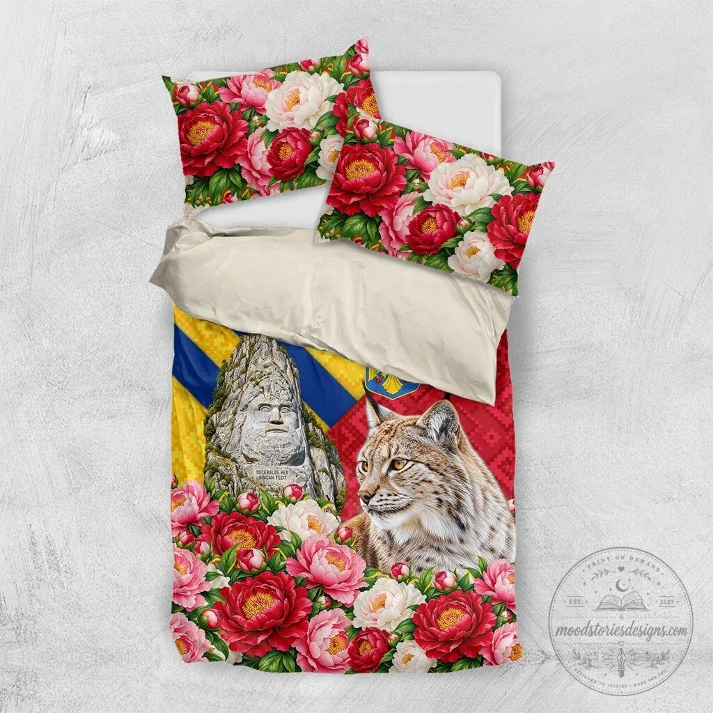 Romania Lynx and Decebalus Rex Traditional Folk Pattern Peony Floral Bedding Set 13 Romania Lynx and Decebalus Rex Traditional Folk Pattern Peony Floral Bedding Set