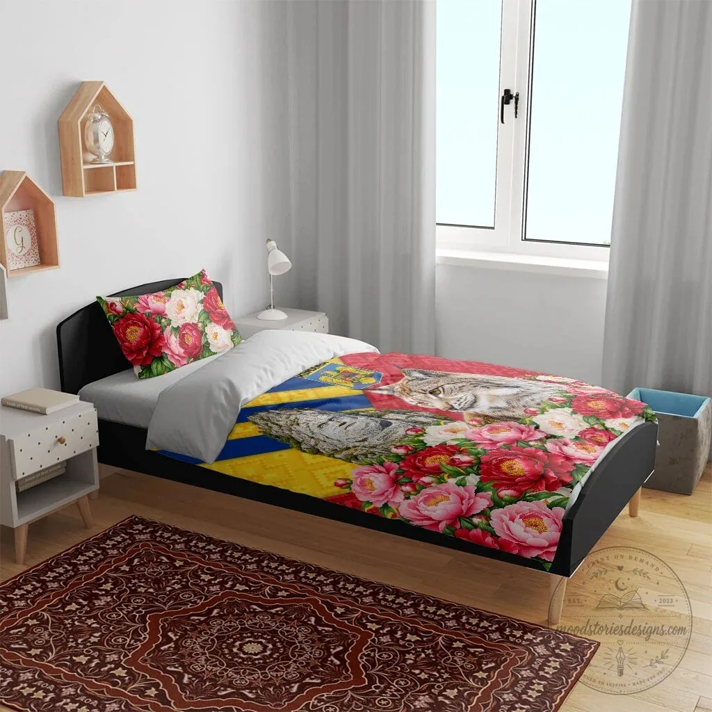 Romania Lynx and Decebalus Rex Traditional Folk Pattern Peony Floral Bedding Set 14 Romania Lynx and Decebalus Rex Traditional Folk Pattern Peony Floral Bedding Set