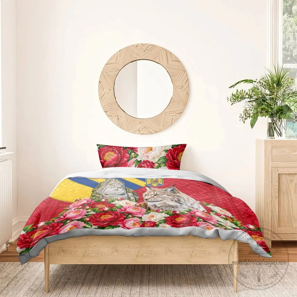 Romania Lynx and Decebalus Rex Traditional Folk Pattern Peony Floral Bedding Set 15 Romania Lynx and Decebalus Rex Traditional Folk Pattern Peony Floral Bedding Set