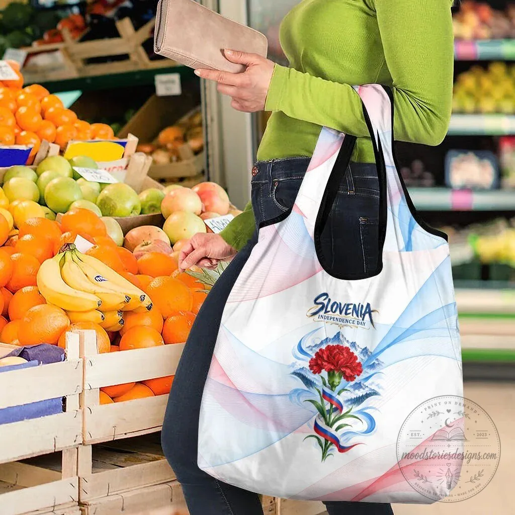 Slovenia Independence Day Red Carnation Flower Mount Triglav Reusable Grocery Bag 14 Slovenia Independence Day Red Carnation Flower Mount Triglav Reusable Grocery Bag