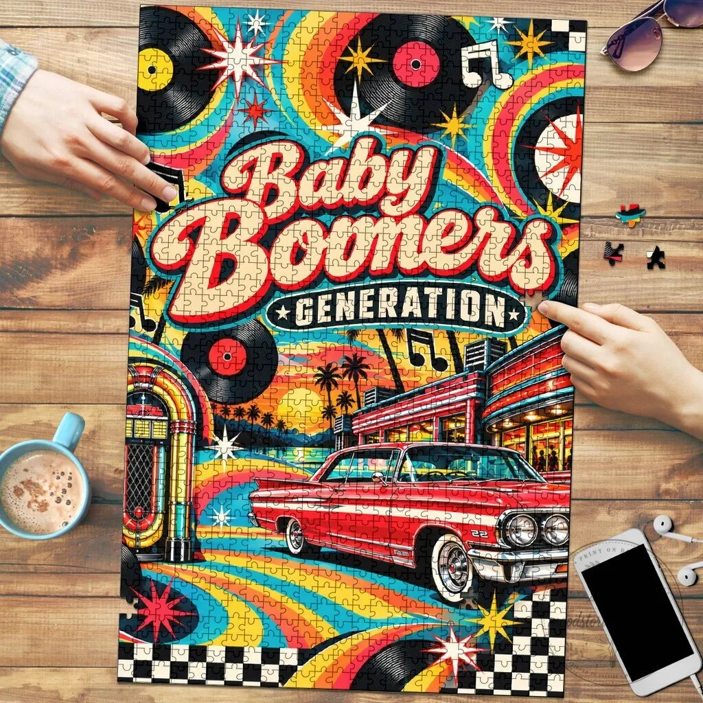 Baby Boomers Generation Vintage Retro Classic Car And Vinyl Records Nostalgia Jigsaw Puzzle