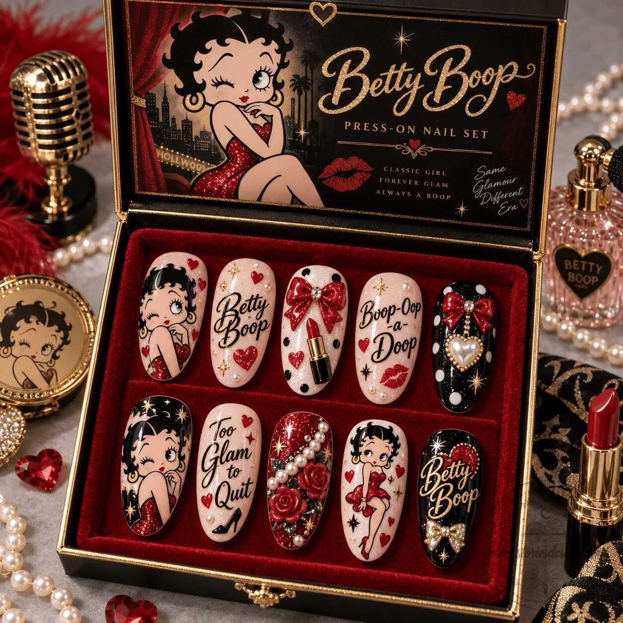 Betty Boop Red Hearts and Kisses Glamorous Press-On Nail Set