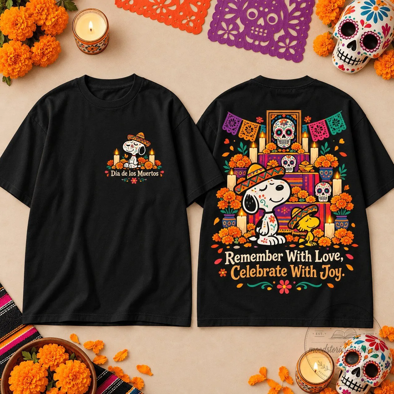 Snoopy Remember With Love Day of the Dead Celebration Black T-Shirt 2 Snoopy Remember With Love Day of the Dead Celebration Black T-Shirt